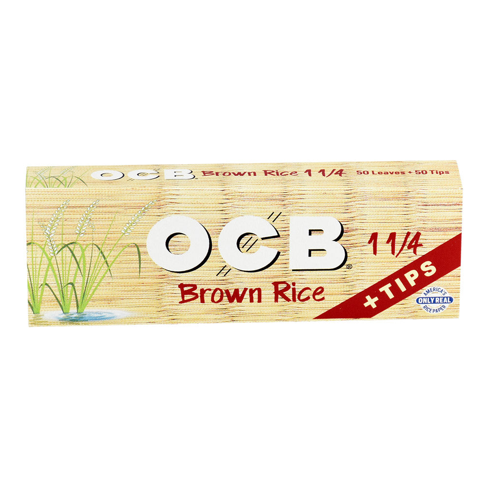 OCB Brown Rice 1 1/4" Rolling Papers with Tips, 24 Pack front view on white background