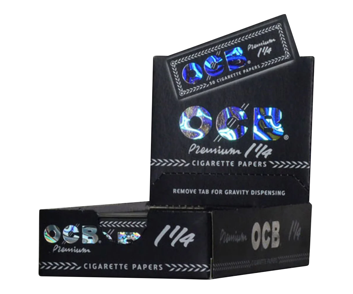 OCB Premium 1 ¼ Rolling Papers 24 Pack angled view on a seamless white background
