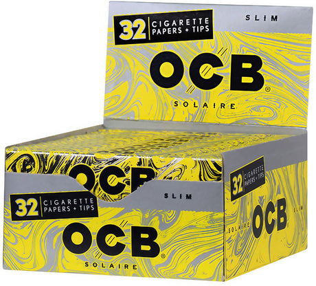 OCB Solaire Slim Rolling Papers with Tips, 24 Pack Display Box Front View