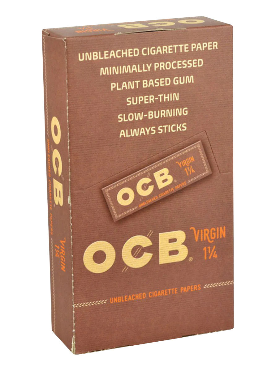 OCB Virgin Unbleached 1 1/4" Rolling Papers 24 Pack, Front View, For Dry Herbs