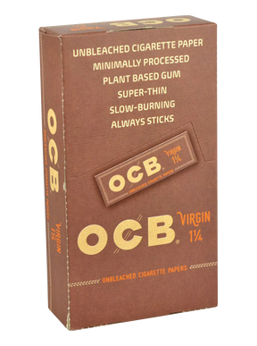 OCB Virgin Unbleached 1 1/4" Rolling Papers 24 Pack, Front View, For Dry Herbs