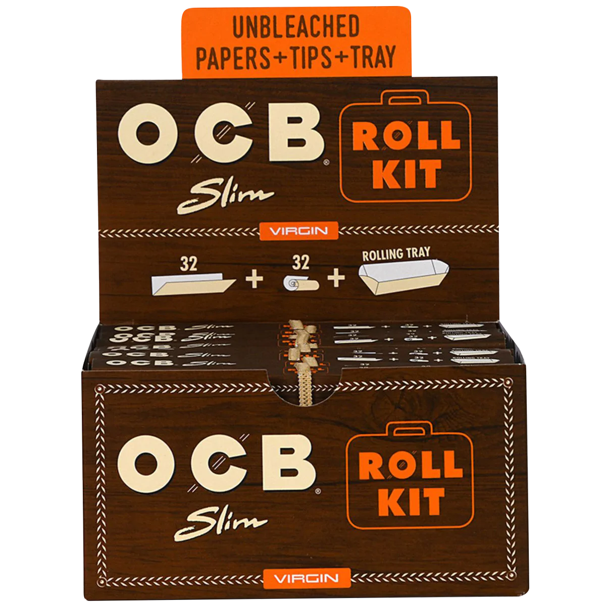 OCB Virgin Slim Roll Kit with papers, tips, and tray, 20 Pack front view on white