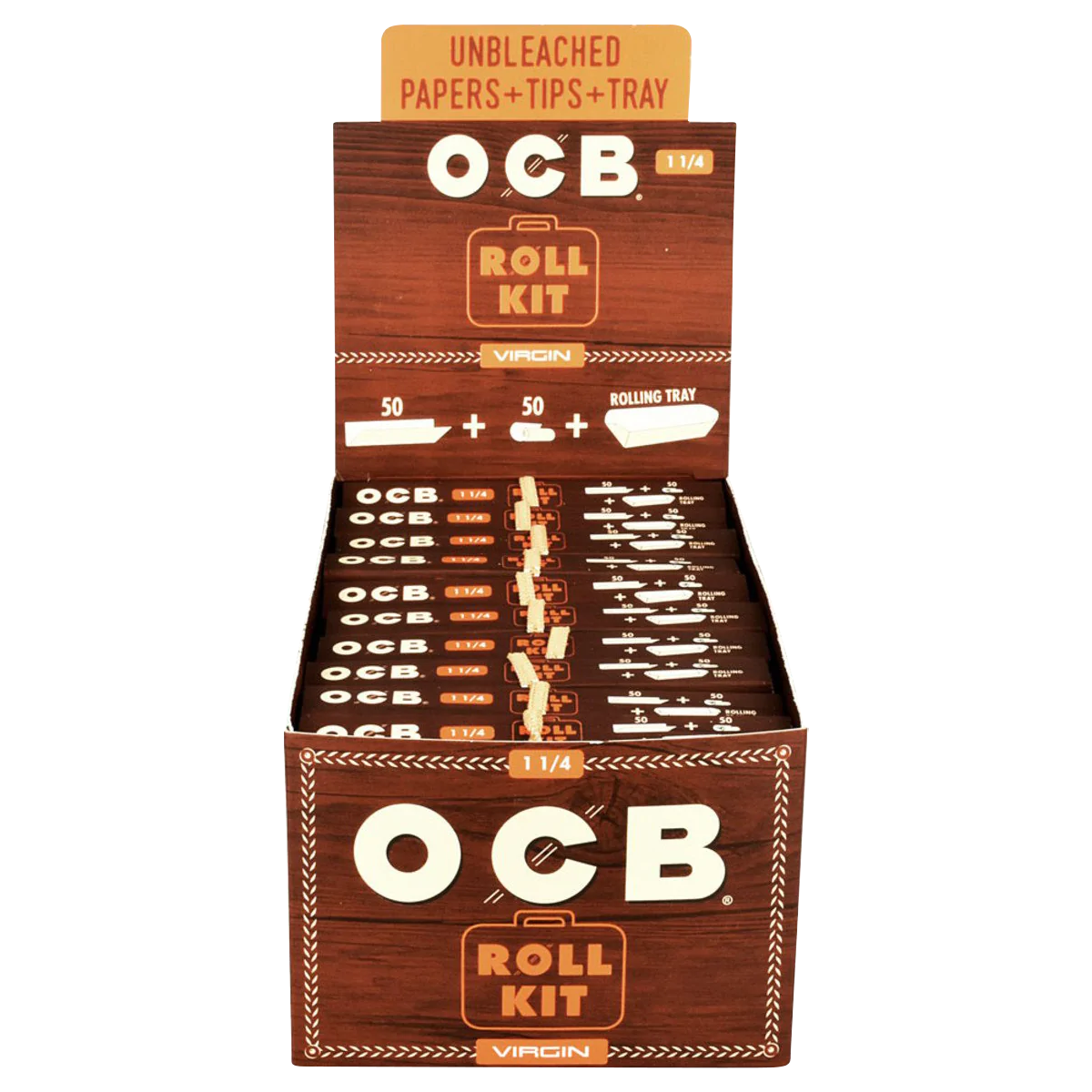 OCB Virgin Roll Kit 20 Pack display box open to show rolling papers and tips