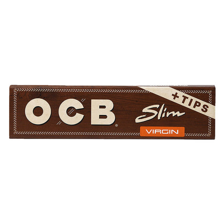 OCB Virgin Unbleached Slim Rolling Papers with Tips, 1 1/4" Size - 24 Pack Front View