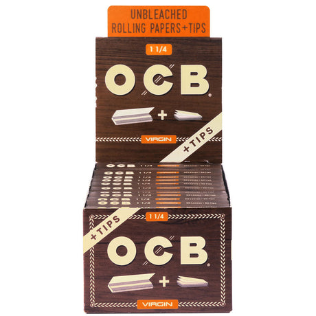 OCB Virgin Unbleached Rolling Papers and Tips 1 1/4" Size, 24 Pack Display Box Front View