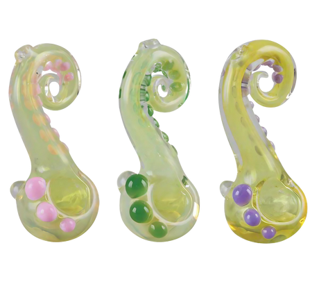 Assorted colors octopus-shaped borosilicate glass hand pipe, 4.5" novelty design, front view