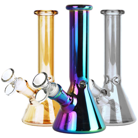 Assorted 8" Oil Slick Beaker Water Pipes with 14mm Female Joint, Borosilicate Glass, Front View