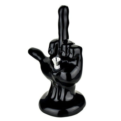 Black Ceramic Water Pipe with One-Finger Salute Design, 8.5" Tall, Front View