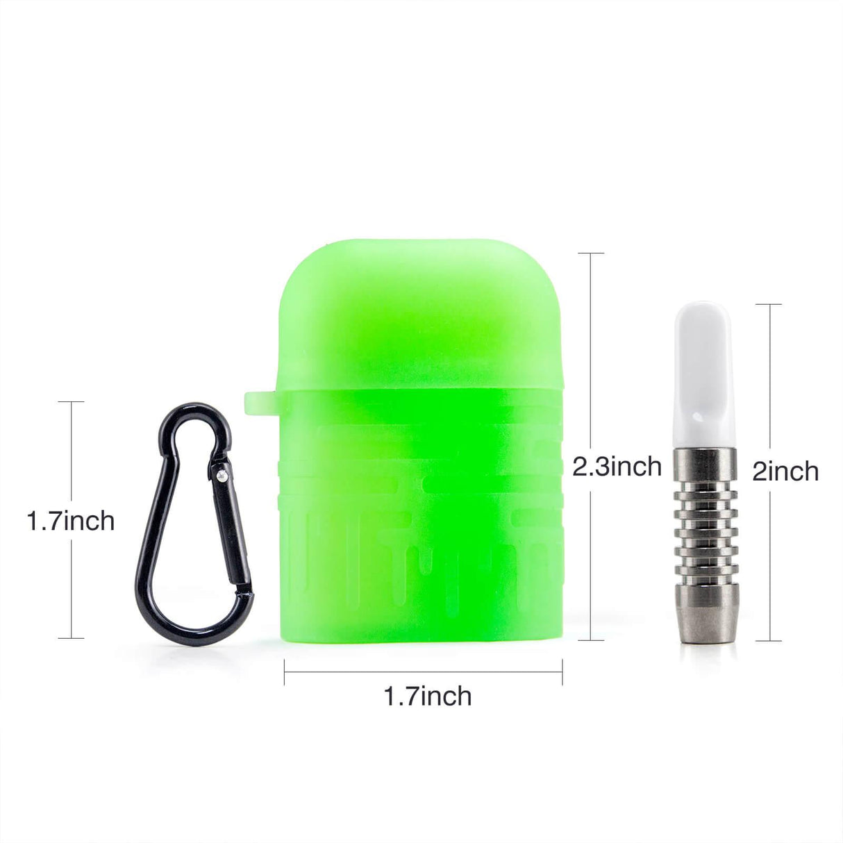 PILOT DIARY Silicone One Hitter Dugout in Green with Carabiner - Front View with Dimensions