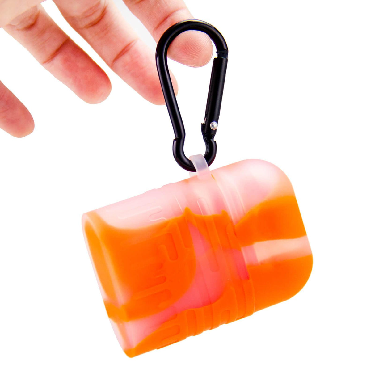 Orange Silicone One Hitter Dugout with Keychain by PILOT DIARY held by fingers, white background