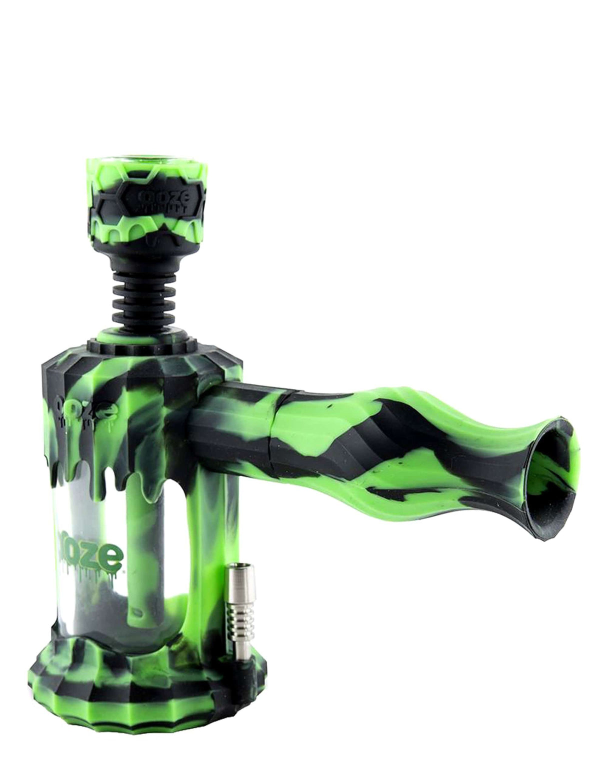 Ooze Clobb 4 in 1 Silicone Pipe in Rasta color, side view, for dry herbs and concentrates