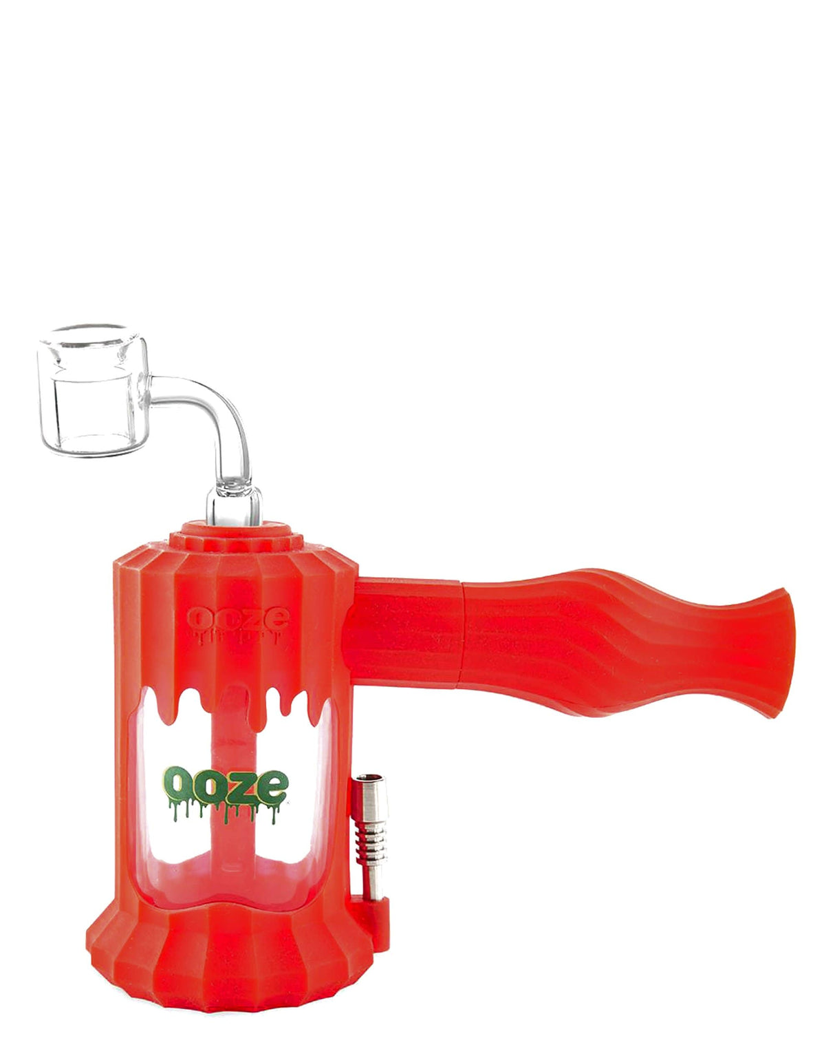 Ooze Clobb 4 in 1 Silicone Pipe in Rasta colors, side view with glass bowl and titanium nail