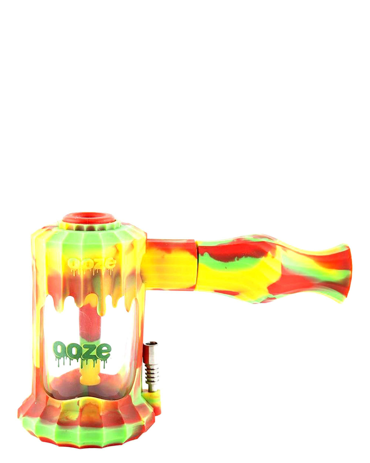 Ooze Clobb Silicone Hammer Pipe in Rasta colors with Glass Bowl - Front View
