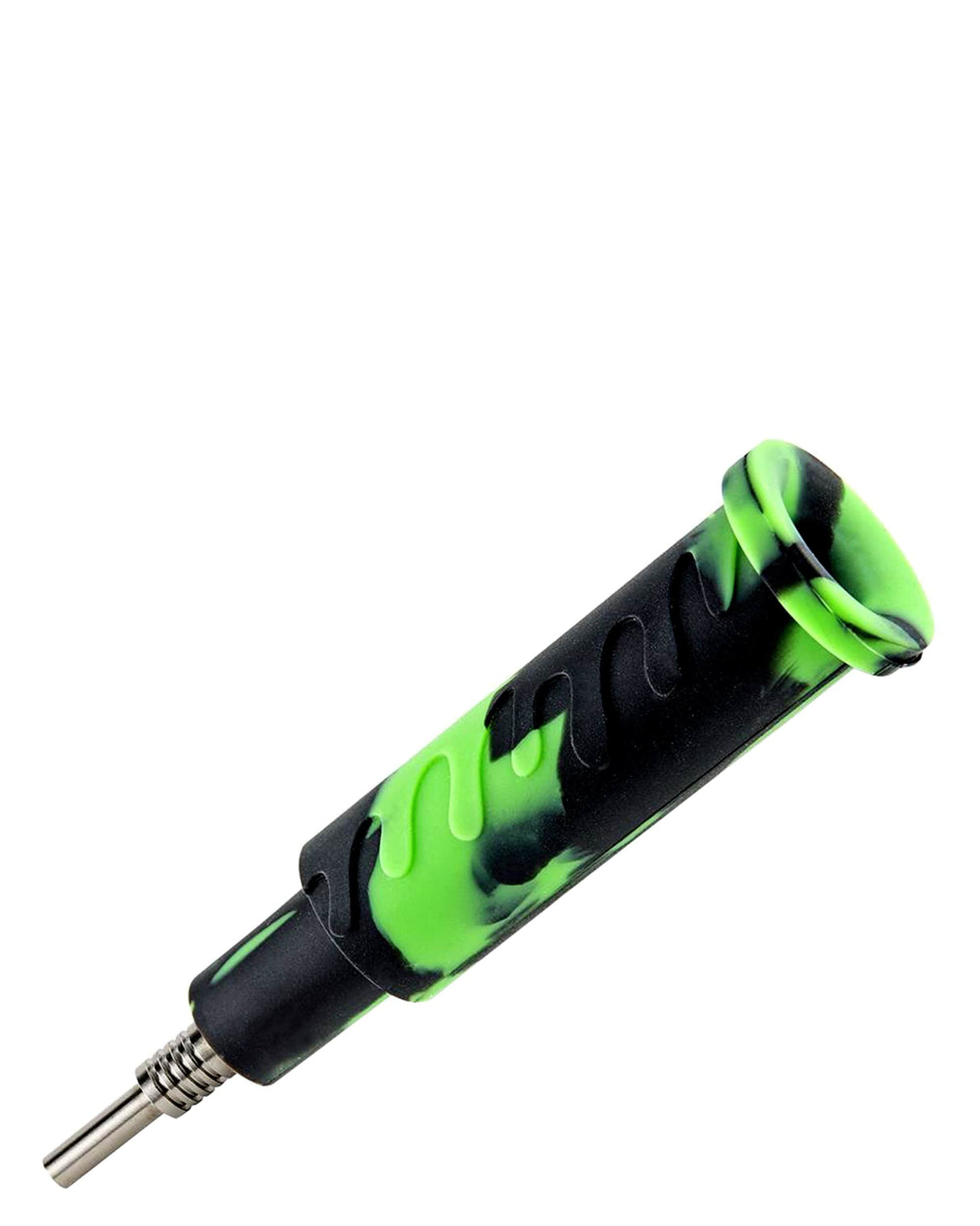 Ooze Cranium Bong & Dab Rig in black and green with titanium nail, side view on white background