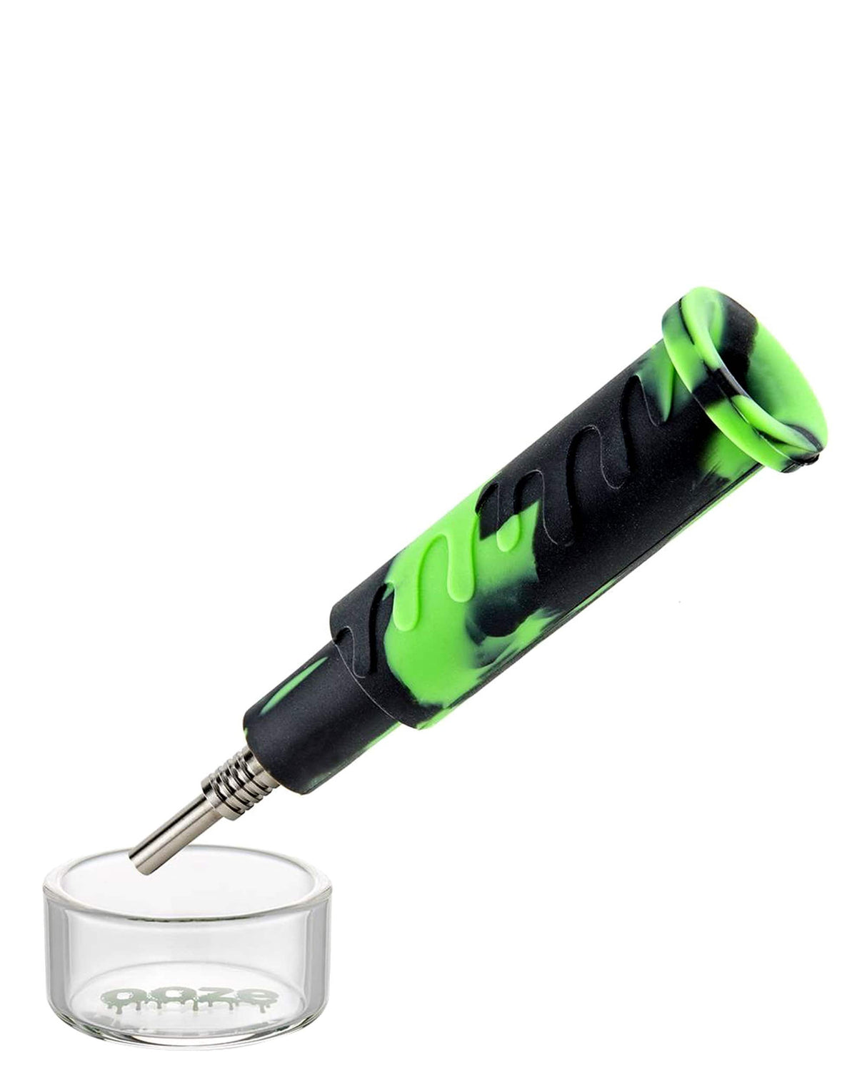 Ooze Cranium Bong & Dab Rig in Black/Green, Silicone Body with Quartz Nail, Front View