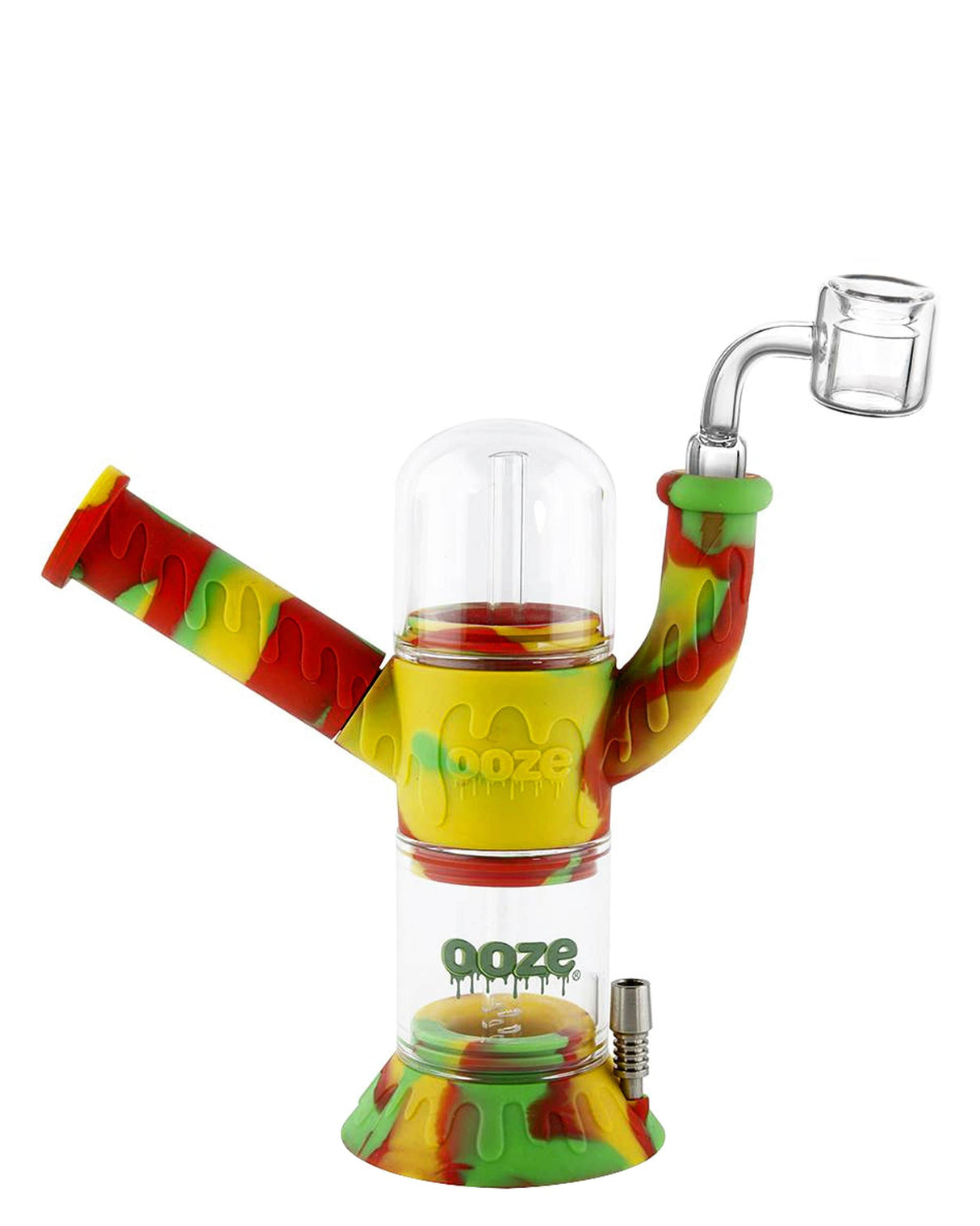 Ooze Cranium Bong & Dab Rig in vibrant red, yellow, and green, front view with quartz banger