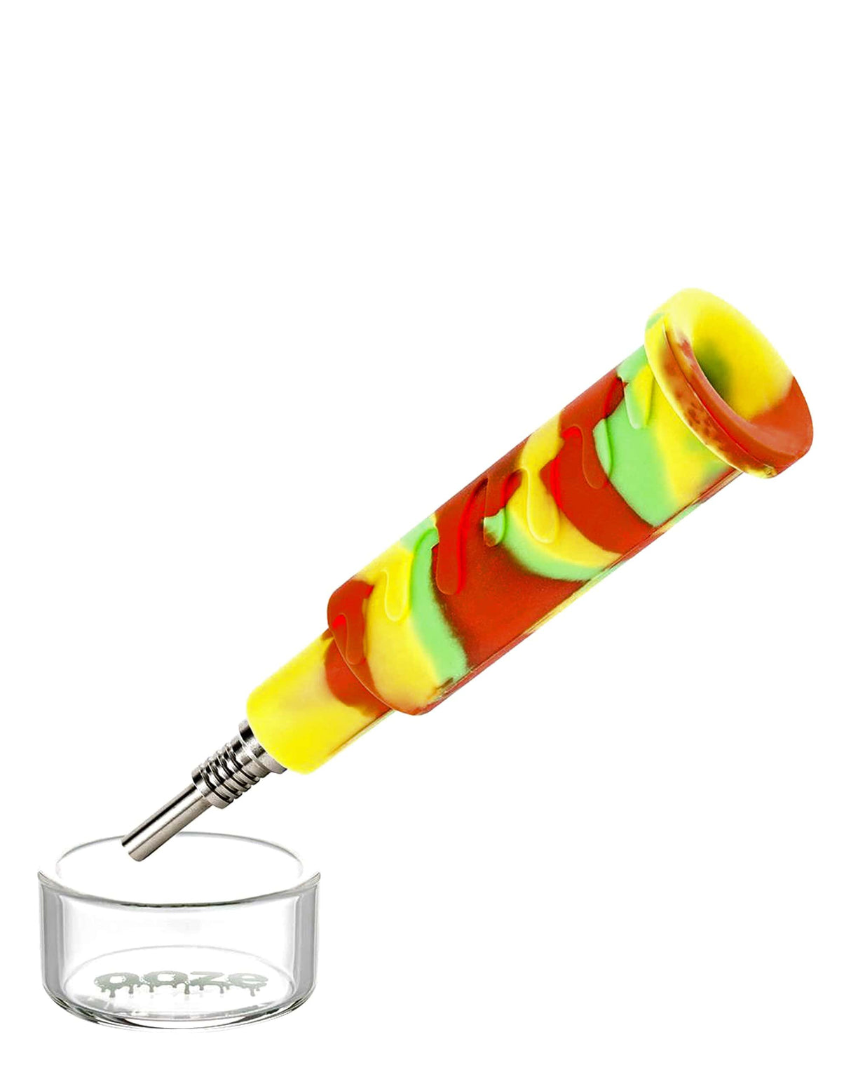 Ooze Cranium Bong & Dab Rig in vibrant yellow, red & green with quartz banger, side view