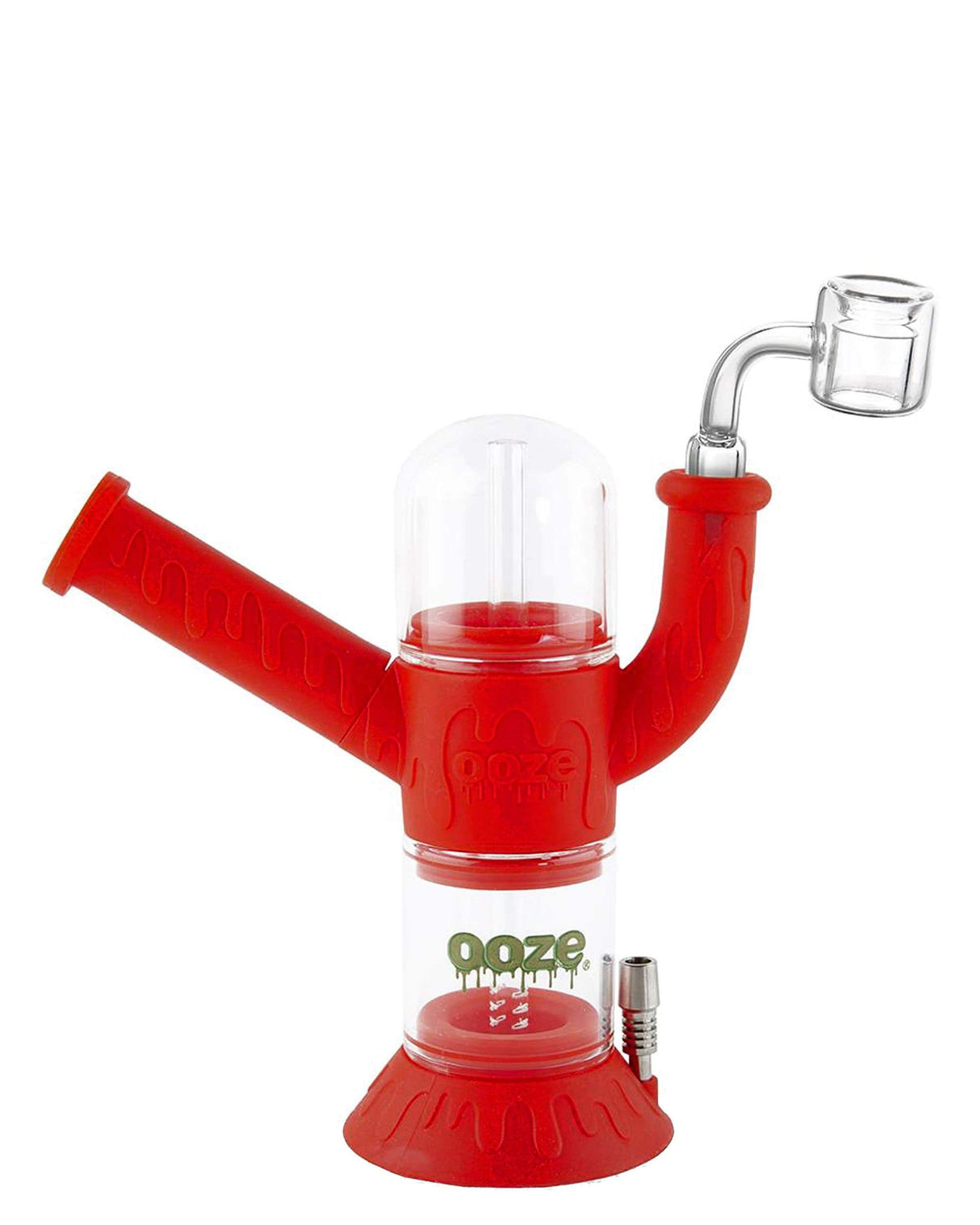 Ooze Cranium Bong & Dab Rig in red, front view, with quartz banger and silicone body for durability