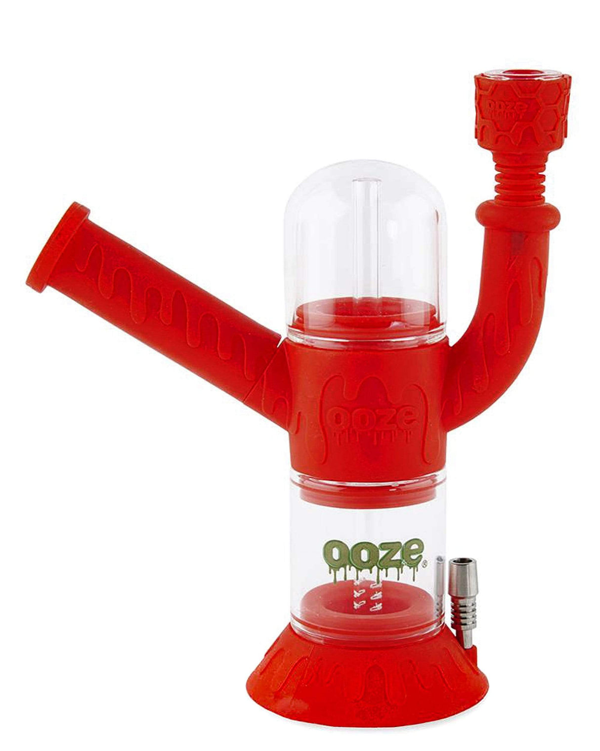 Ooze Cranium Bong & Dab Rig in Red with Clear Chamber and Slitted Percolator, Front View