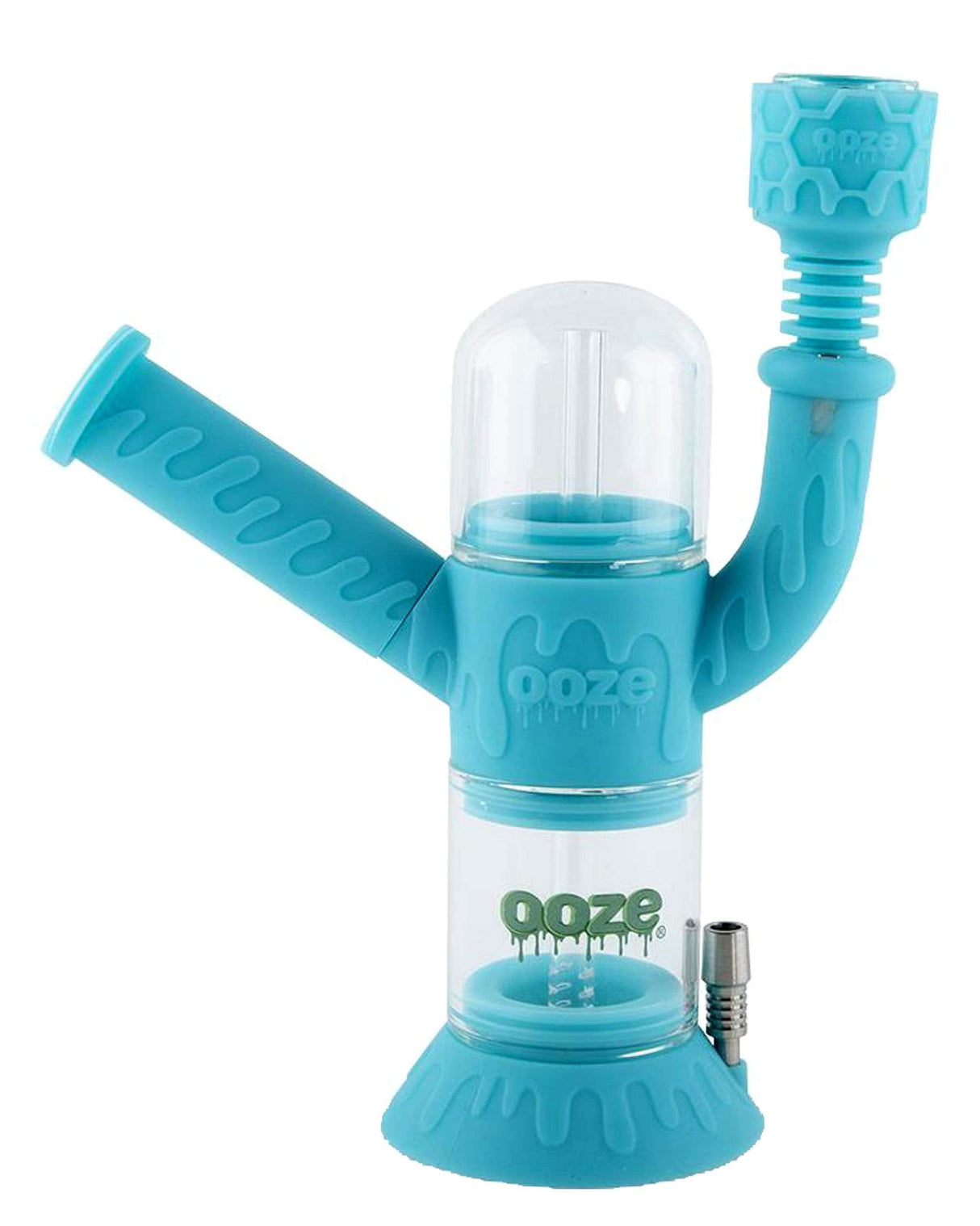 Ooze Cranium Bong & Dab Rig in Teal with Quartz Banger and Silicone Body, Front View