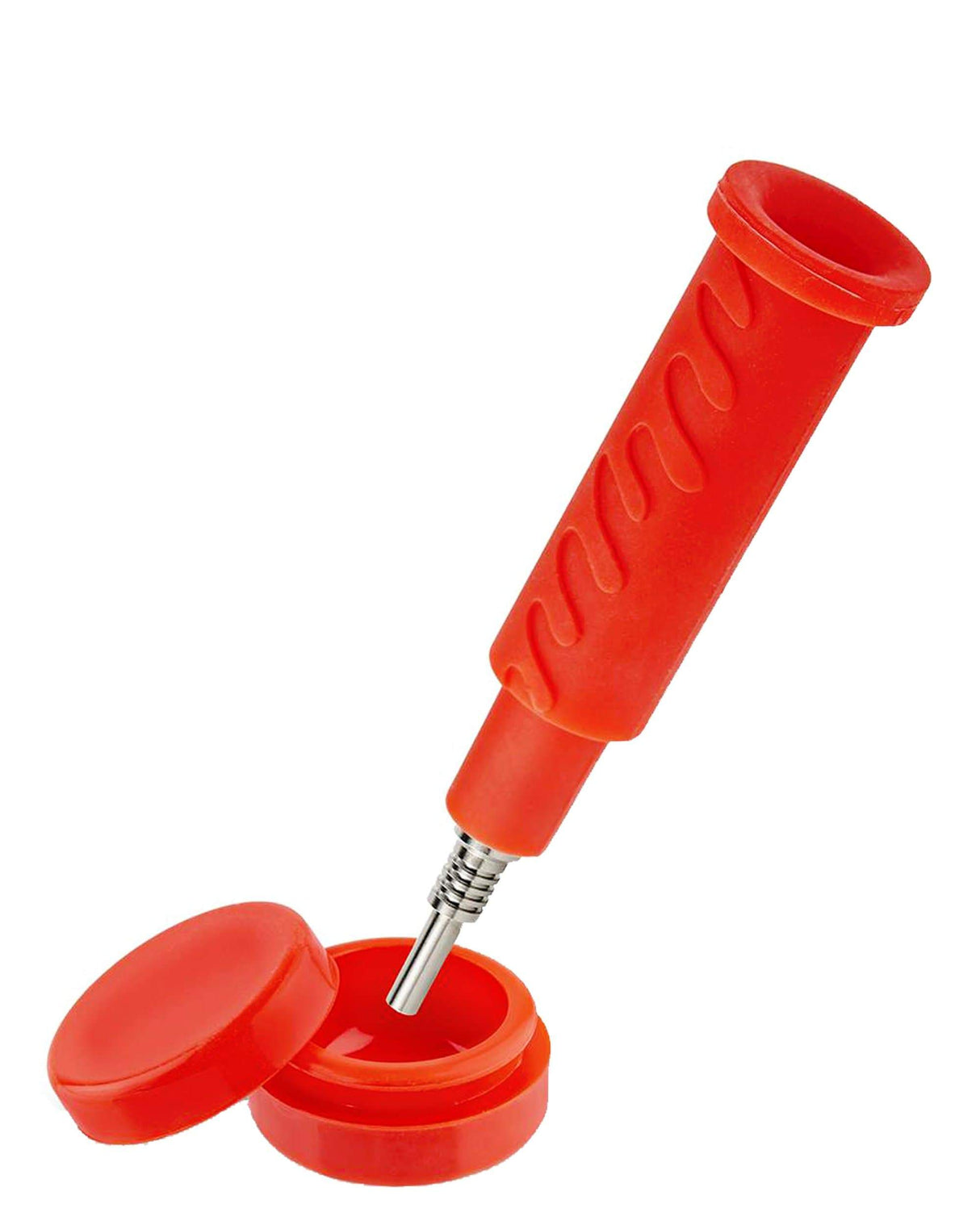 Ooze Cranium Bong & Dab Rig in red with titanium nail, silicone body, side view on white background