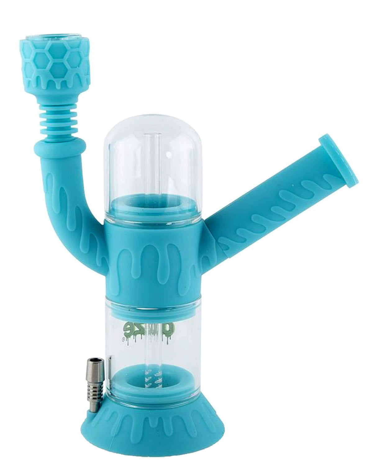 Ooze Cranium Bong & Dab Rig in Teal, 8" Hybrid Silicone Glass with Percolator, Front View