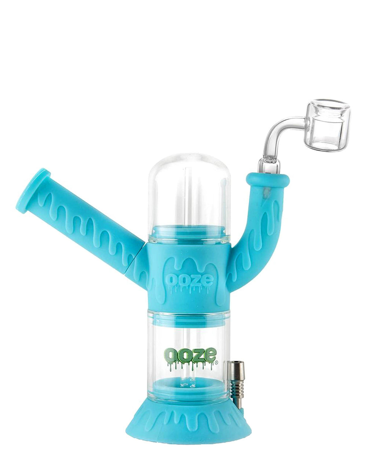 Ooze Cranium Bong & Dab Rig in Teal, 8" Hybrid Silicone Glass with Quartz Banger - Front View