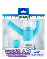 Ooze Cranium Bong & Dab Rig in blue, 8" hybrid silicone glass, front view packaging