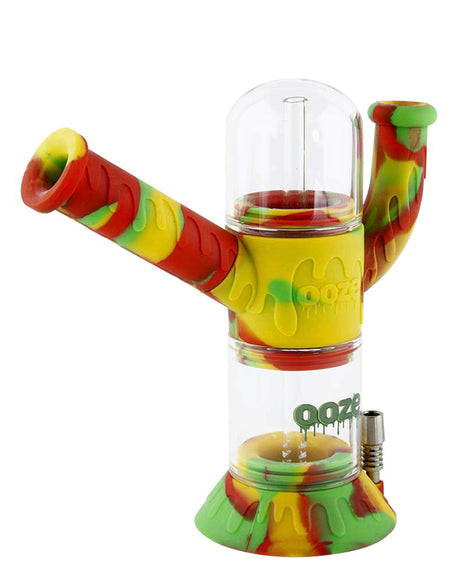 Ooze Cranium Bong & Dab Rig in Rasta colors front view with clear percolator and quartz banger