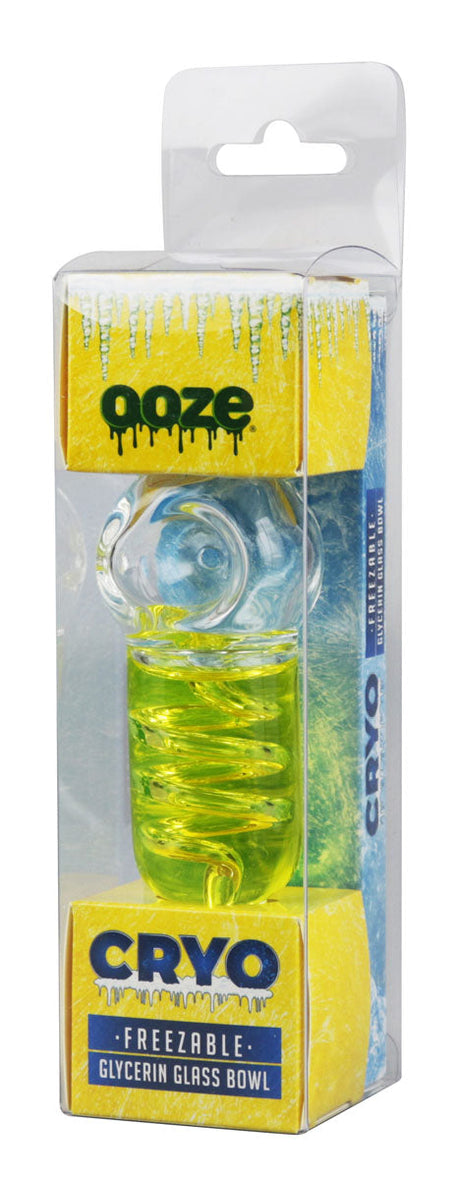Ooze Cryo Freezable Pipe in packaging, front view, borosilicate glass, easy to chill for smooth hits