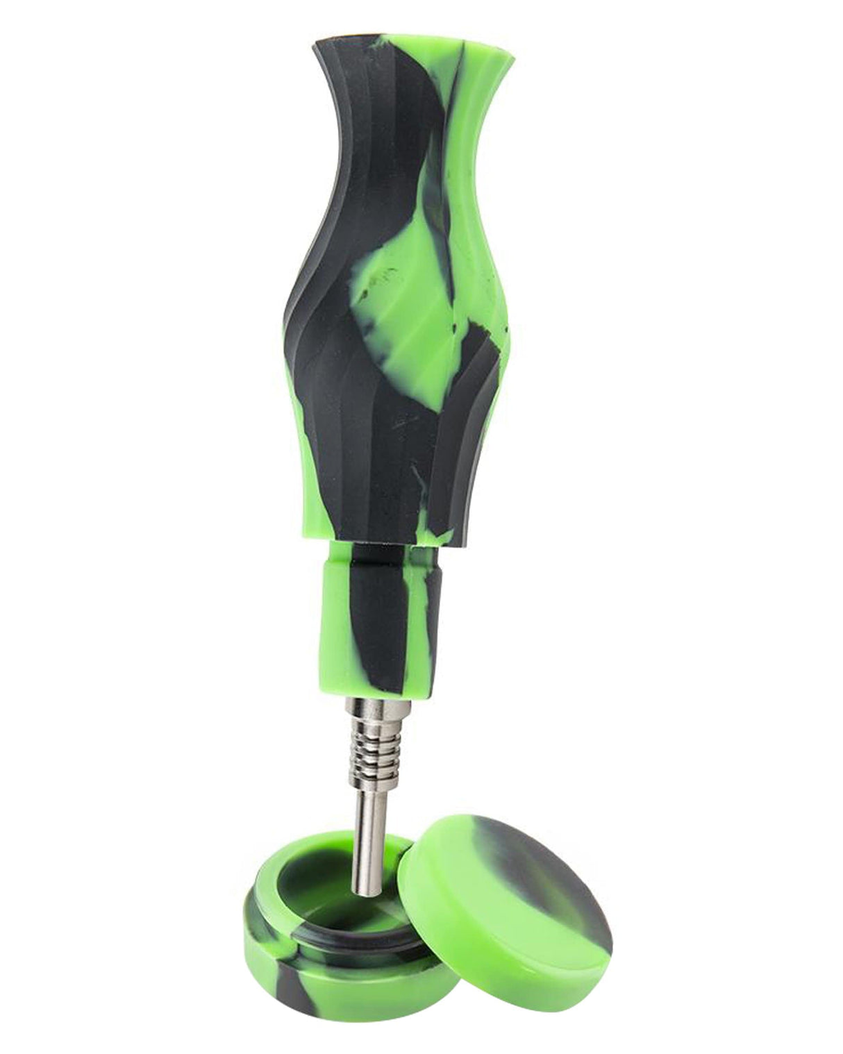 Ooze Ozone Silicone Bong in green with quartz banger, slitted percolator, and stash base, front view