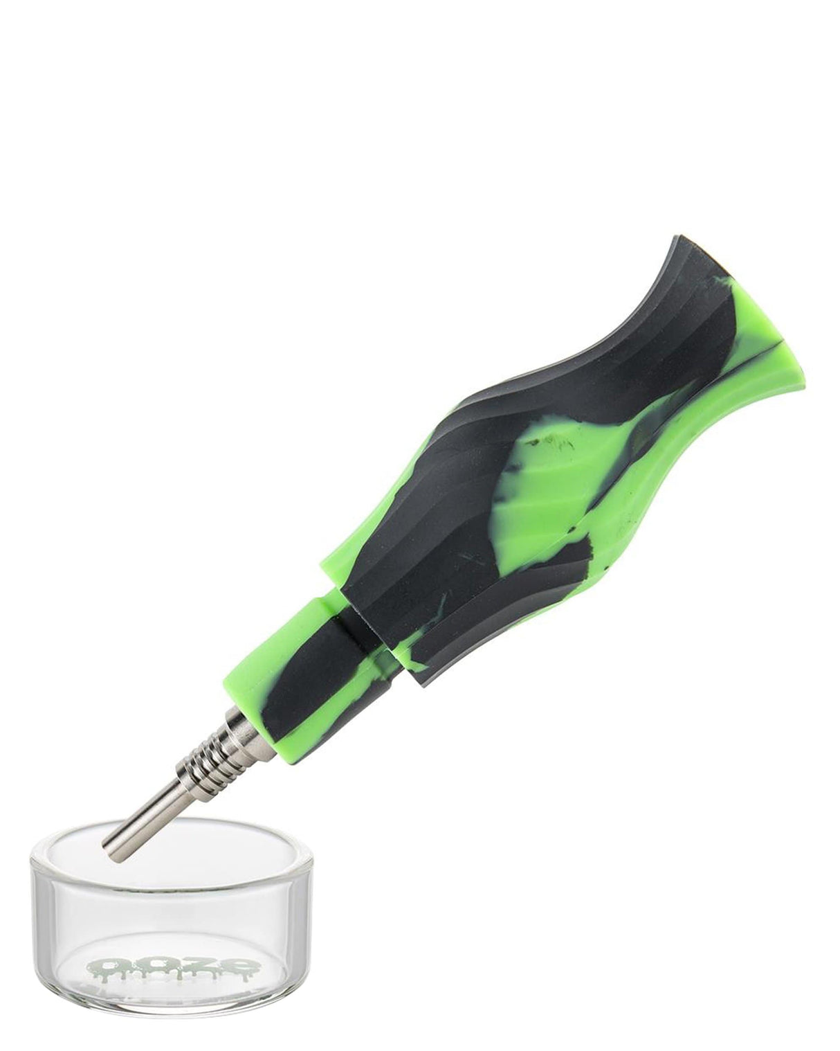 Ooze Ozone Silicone Bong in Green, Side View with Quartz Bowl and Stash Base