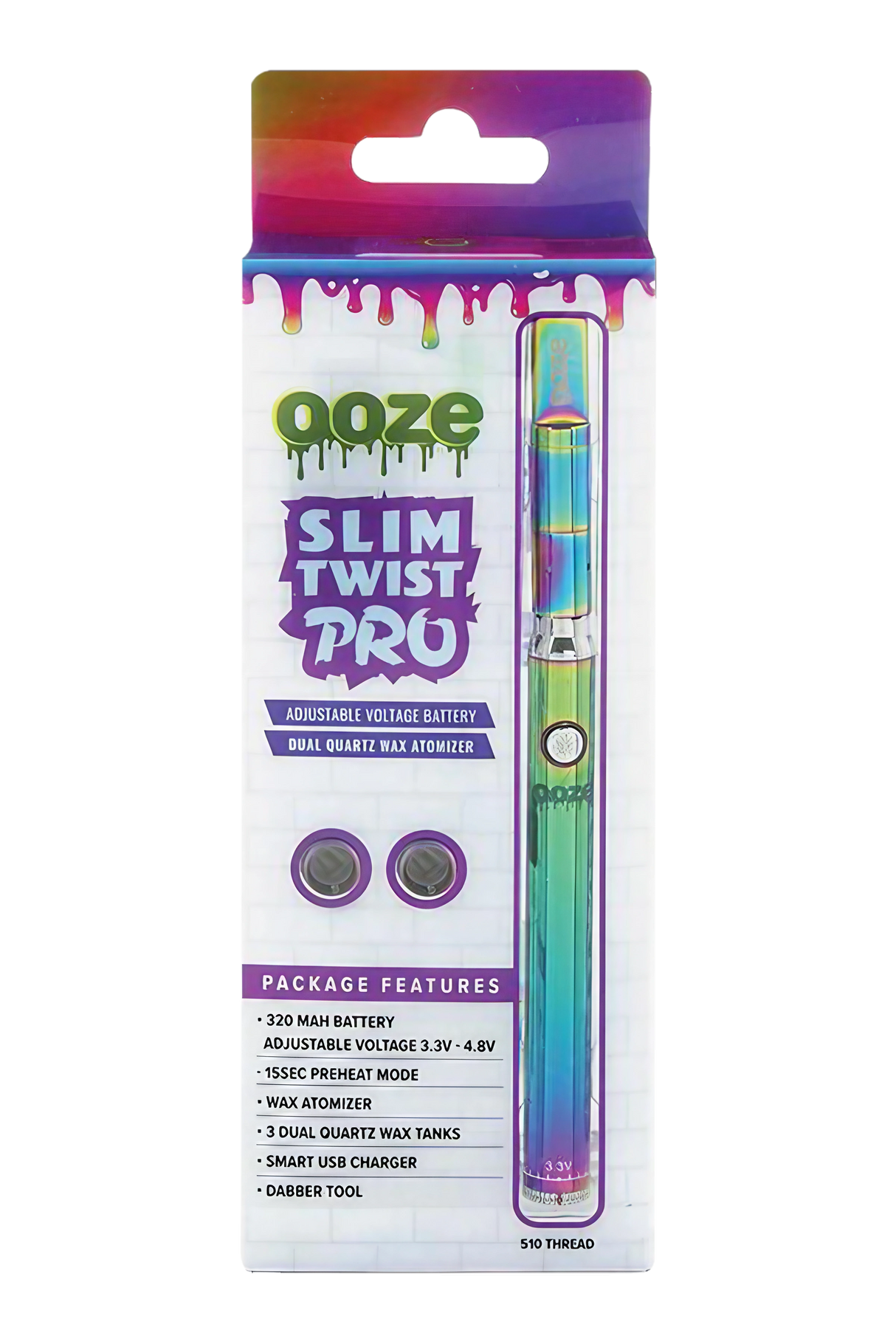 Ooze Slim Twist PRO Vape Kit with adjustable voltage battery and dual quartz atomizer, front view on white background