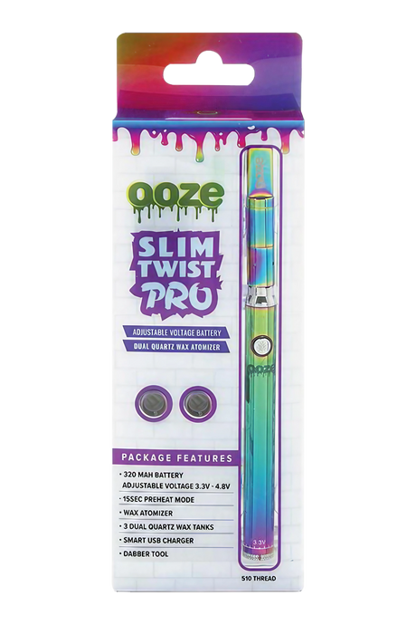 Ooze Slim Twist PRO Vape Kit with adjustable voltage battery and dual quartz atomizer, front view on white background