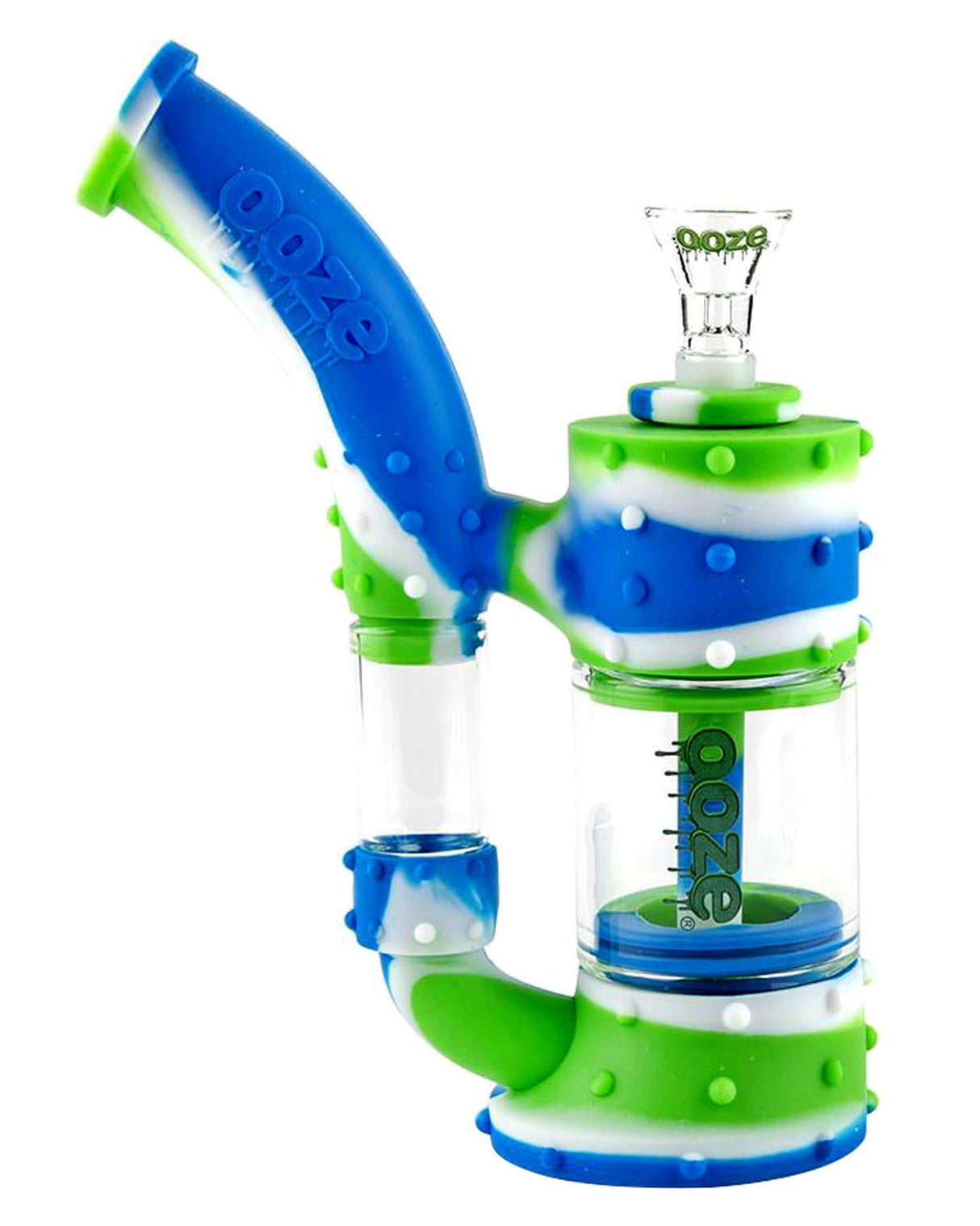Ooze Stack Silicone Bubbler in Green & Blue with Quartz Banger - Front View