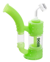 Ooze Stack Silicone Bubbler in green, side view with quartz banger, ideal for concentrates and dry herbs