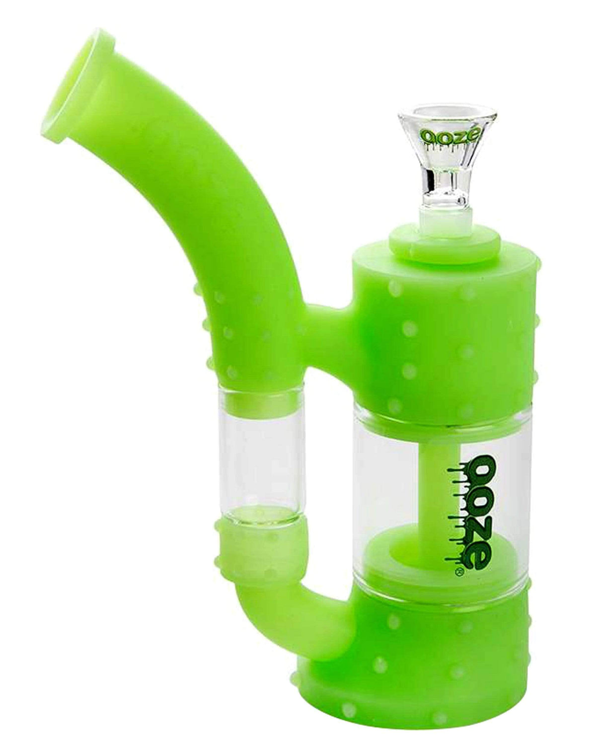 Ooze Stack Silicone Bubbler in Green, Front View, Portable Design for Dry Herbs and Concentrates