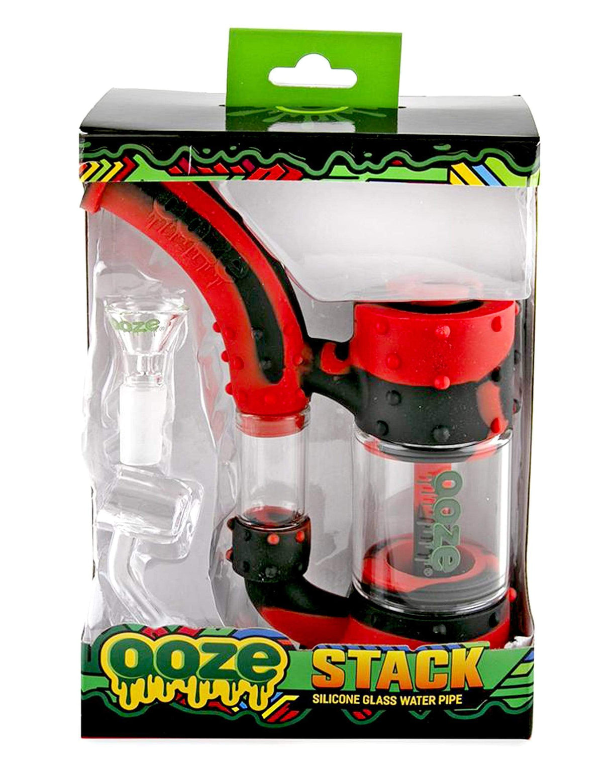 Ooze Stack Silicone Bubbler in packaging, Rasta color, versatile for dry herbs and concentrates