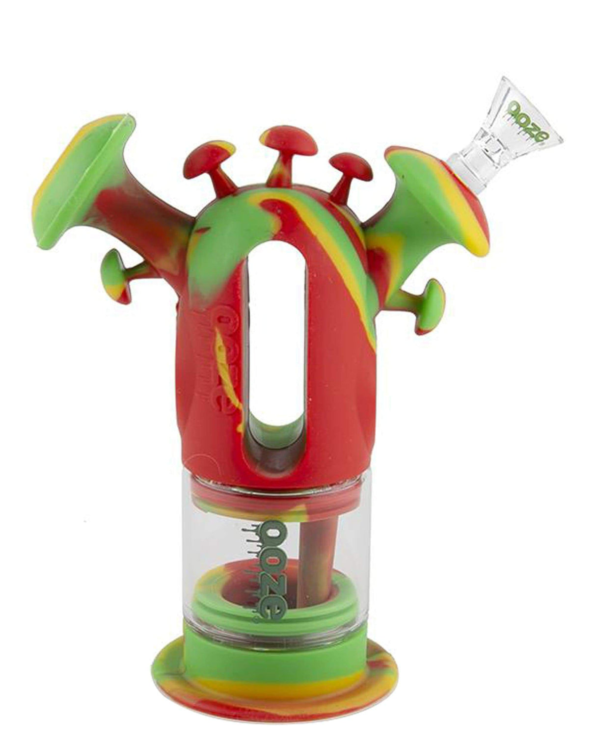 Ooze - Trip Silicone Bubbler in Rasta colors with Quartz bowl, 45-degree joint, front view on white background