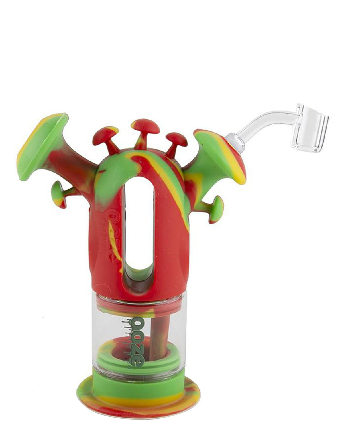 Ooze - Trip Silicone Bubbler in Rasta colors with Quartz Banger, 45 Degree Joint - Front View