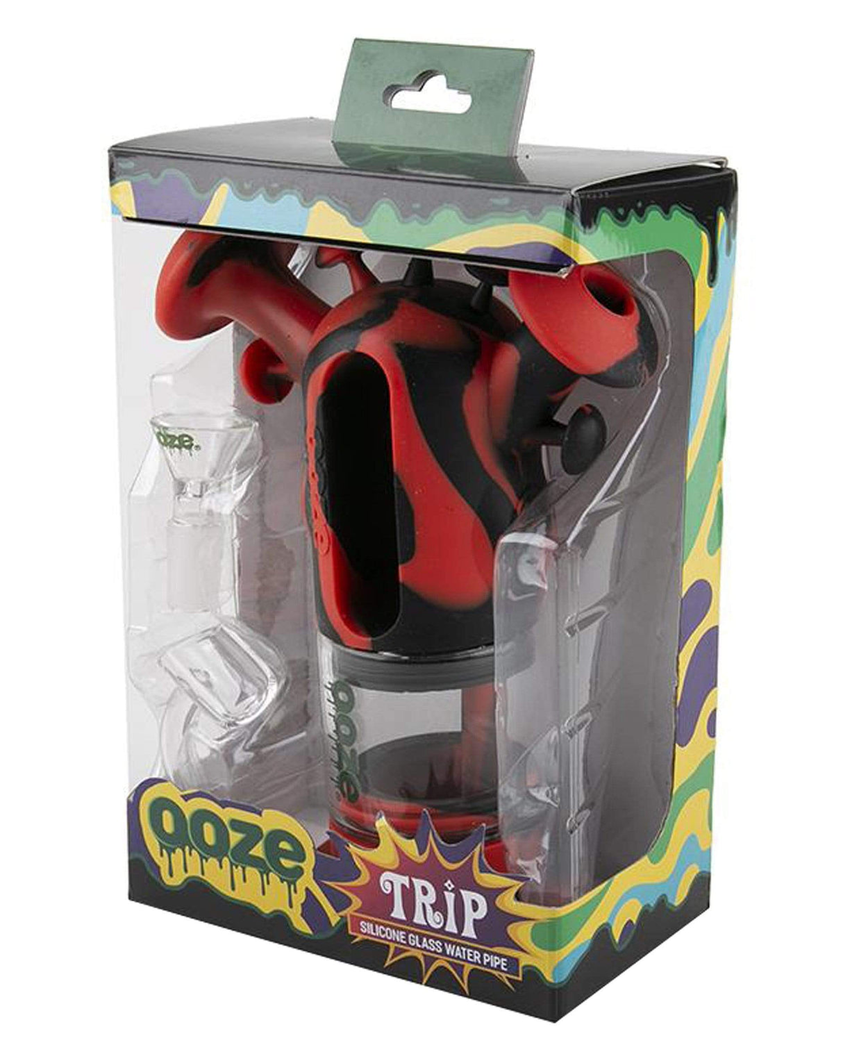 Ooze Trip Silicone Bubbler in red, packaged with quartz bowl, ideal for dry herbs and concentrates.