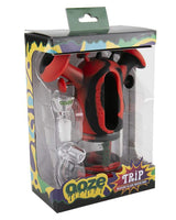 Ooze Trip Silicone Bubbler in Red and Black, packaged with Quartz Bowl, front view