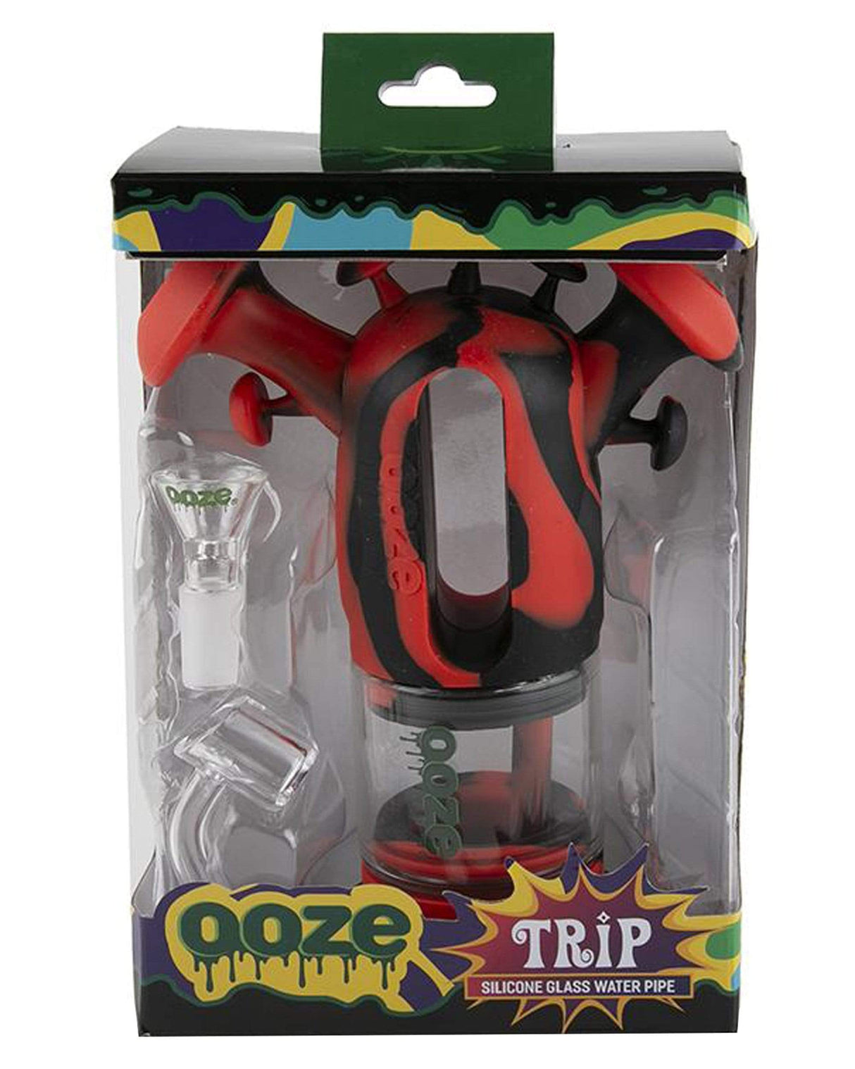 Ooze Trip Silicone Bubbler in Rasta color, front view in packaging with quartz bowl and percolator