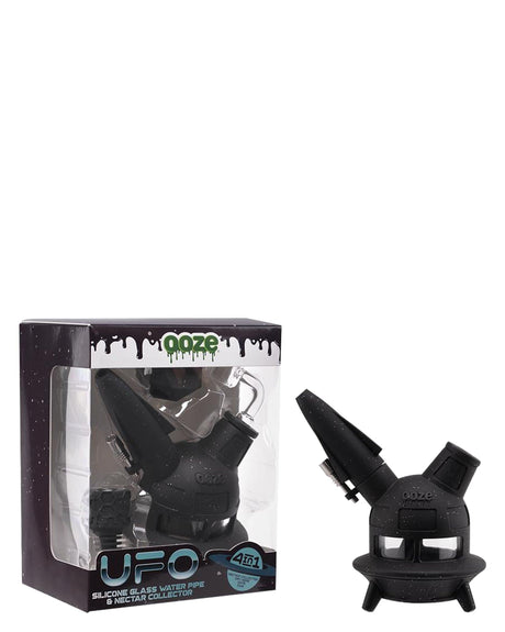Ooze UFO Silicone Bong in black with borosilicate glass, side view, suitable for dry herbs and concentrates.