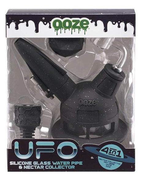 Ooze UFO Silicone Bong in packaging, versatile 4-in-1 black design for dry herbs and concentrates.