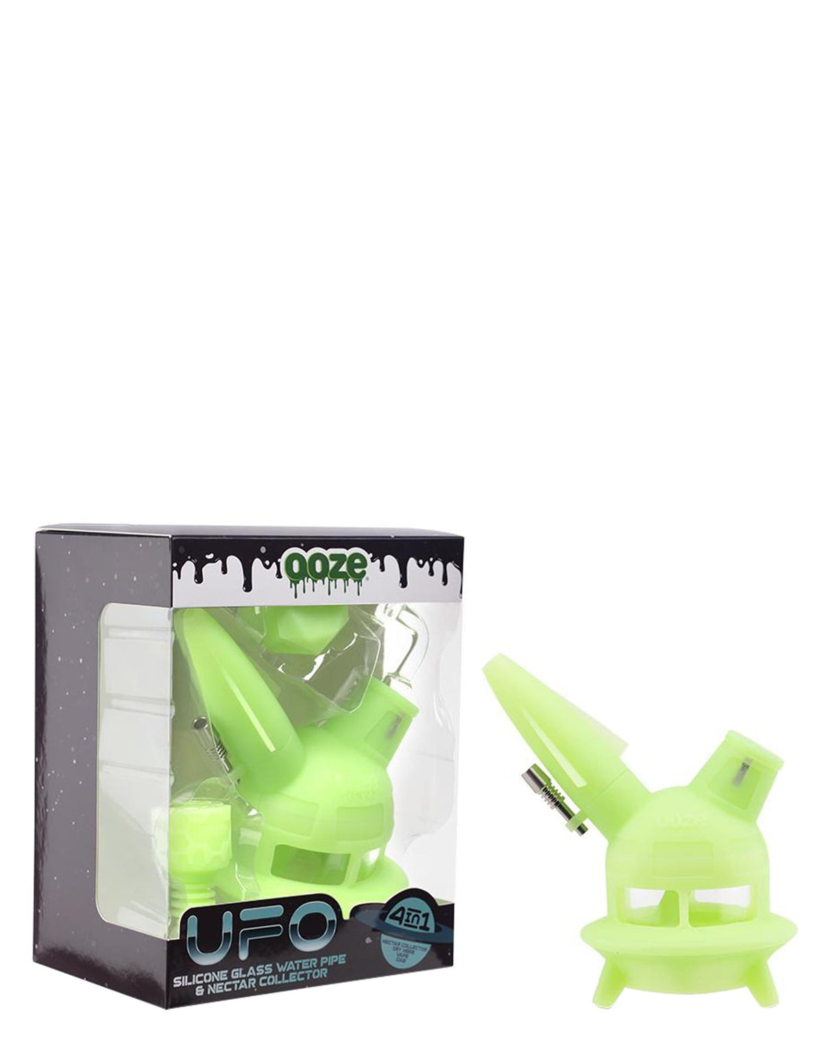 Ooze UFO Silicone Bong in Glow in the Dark Green with Box, Side View