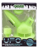 Ooze UFO Silicone Bong in Glow in the Dark Green, 7" tall with Slitted Percolator, Front View