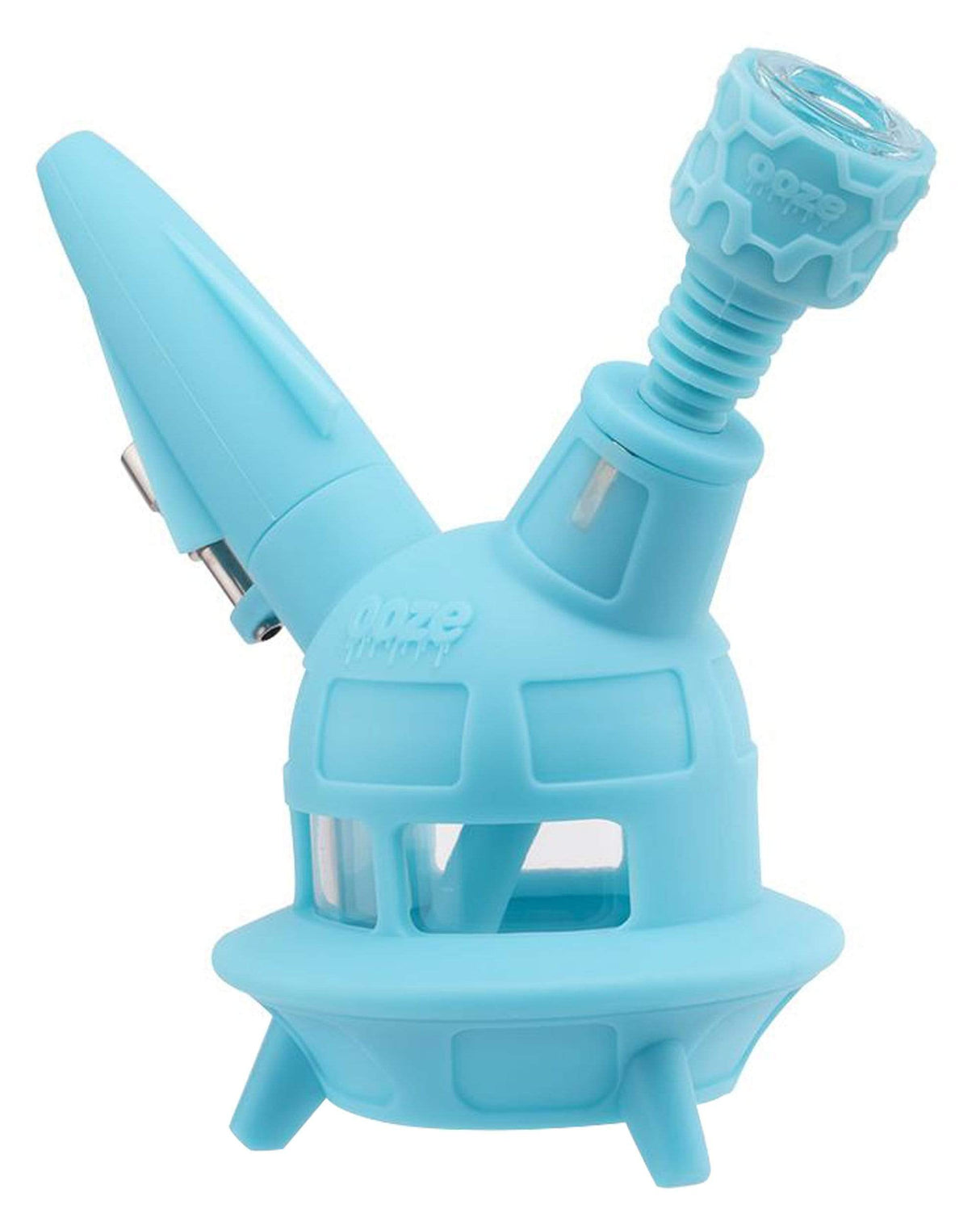 Ooze UFO Silicone Bong in Teal, 7" High, Slitted Percolator, For Dry Herbs & Concentrates, Side View