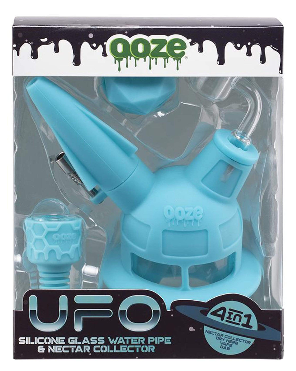 Ooze UFO Silicone Bong in Teal, Front View, 7" with Slitted Percolator and Stash Storage