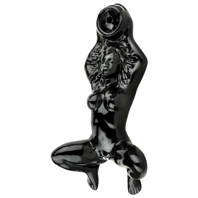 Black Ceramic Oracle at Delphi Priestess Hand Pipe, 9" Compact Design for Dry Herbs